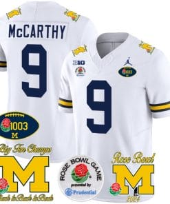 JJ McCarthy Jersey #2 Michigan Wolverines Vapor 1003 Wins Rose Bowl Patch Football White