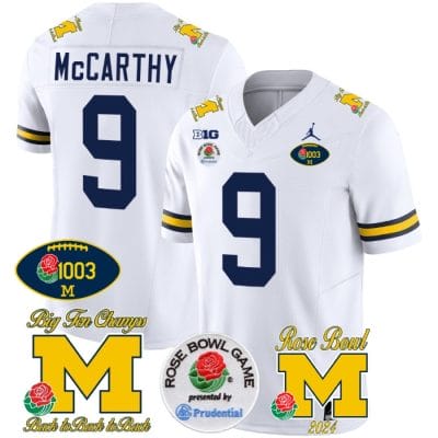 JJ McCarthy Jersey #2 Michigan Wolverines Vapor 1003 Wins Rose Bowl Patch Football White