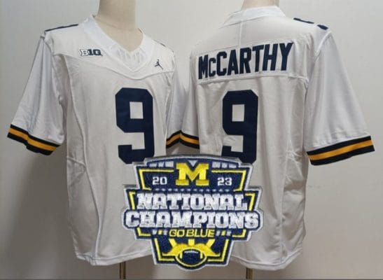 JJ Mccarthy Jersey #9 Michigan Wolverines Football 2023 National Champions Patch White 8 JJ Mccarthy Jersey #9 Michigan Wolverines Football 2023 National Champions Patch White