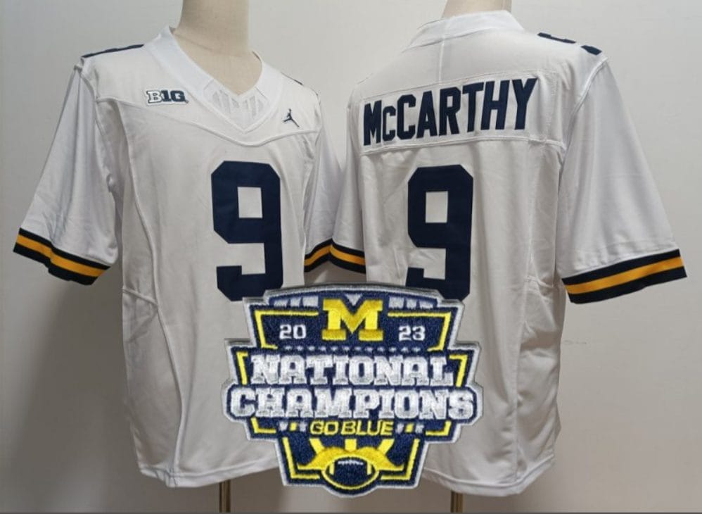 JJ Mccarthy Jersey #9 Michigan Wolverines Football 2023 National Champions Patch White 1 JJ Mccarthy Jersey #9 Michigan Wolverines Football 2023 National Champions Patch White