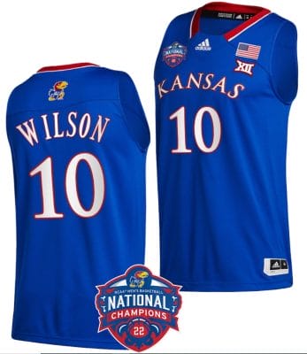 Jalen Wilson Jersey #10 Kansas Jayhawks Basketball 2022 NCAA National Champions Royal