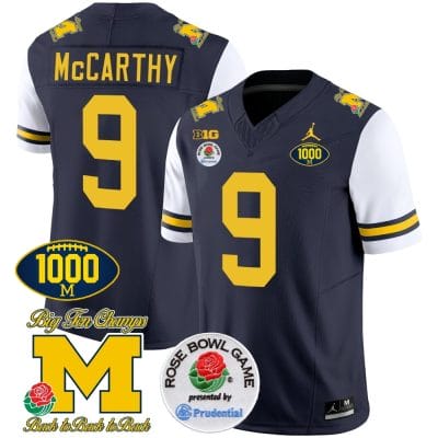 JJ McCarthy Jersey #9 Michigan Wolverines Vapor Stitched 1000 Wins Rose Bowl Patch White Sleeves