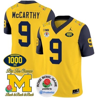 JJ McCarthy Jersey #9 Michigan Wolverines Vapor Stitched 1000 Wins Rose Bowl Patch Navy Sleeves