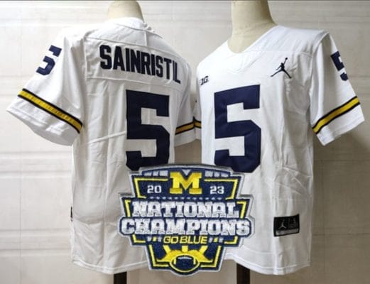 Mike Sainristil Jersey #5 Michigan Wolverines Football 2023 National Champions Patch White 8 Mike Sainristil Jersey #5 Michigan Wolverines Football 2023 National Champions Patch White