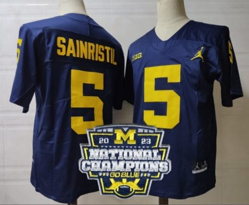 Mike Sainristil Jersey #5 Michigan Wolverines Football 2023 National Champions Patch Navy 8 Mike Sainristil Jersey #5 Michigan Wolverines Football 2023 National Champions Patch Navy