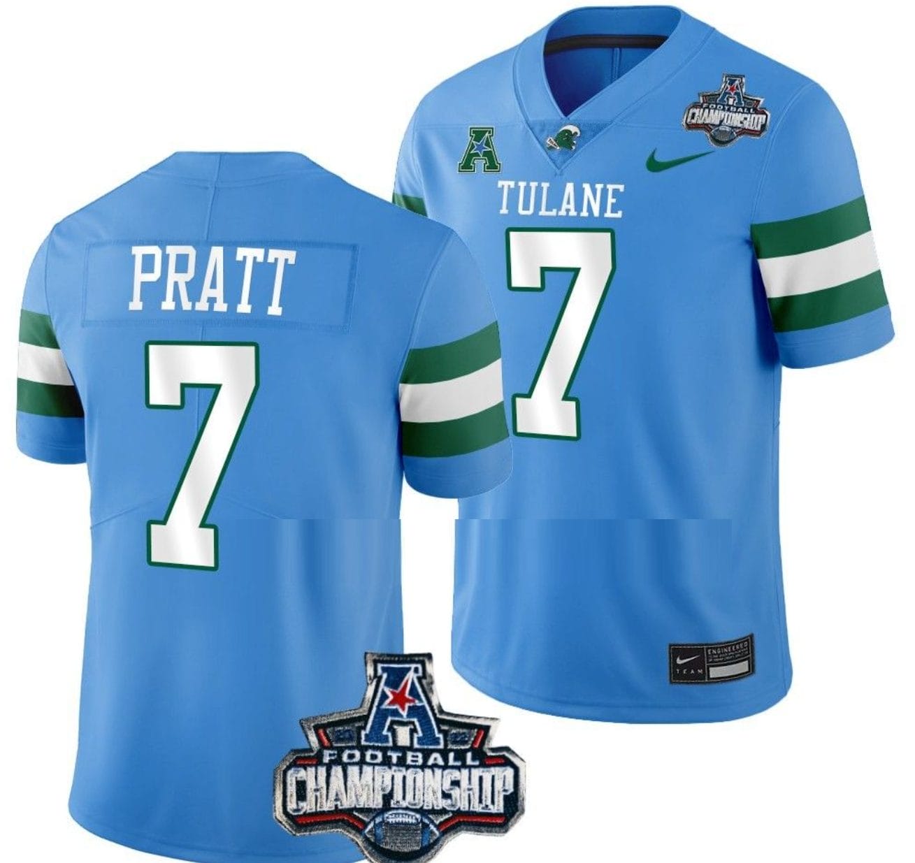 Michael Pratt Jersey #7 Tulane Green Wave 2022 ACC Football Championship Blue 1 Michael Pratt Jersey #7 Tulane Green Wave 2022 ACC Football Championship Blue
