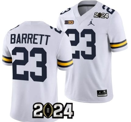 Michael Barrett Jersey #23 Michigan Wolverines 2024 Football National Championship Playoff White 8 Michael Barrett Jersey #23 Michigan Wolverines 2024 Football National Championship Playoff White