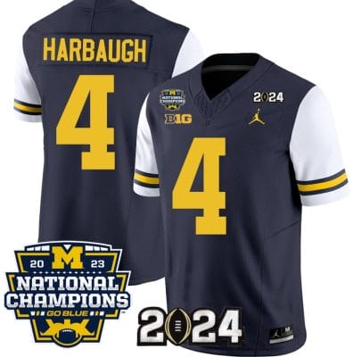 Jim Harbaugh Jersey #4 Michigan Wolverines Vapor Limited Football 2024 National Champions Patch White Sleeves 8 Jim Harbaugh Jersey #4 Michigan Wolverines Vapor Limited Football 2024 National Champions Patch White Sleeves