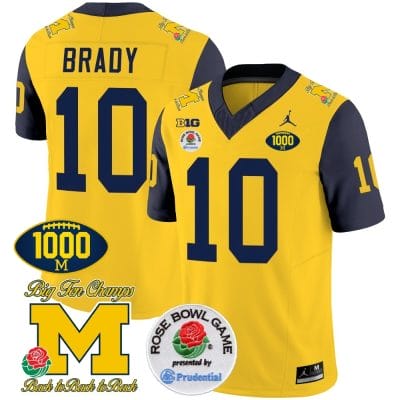 Tom Brady Jersey #10 Michigan Wolverines Vapor Stitched 1000 Wins Rose Bowl Patch Navy Sleeves