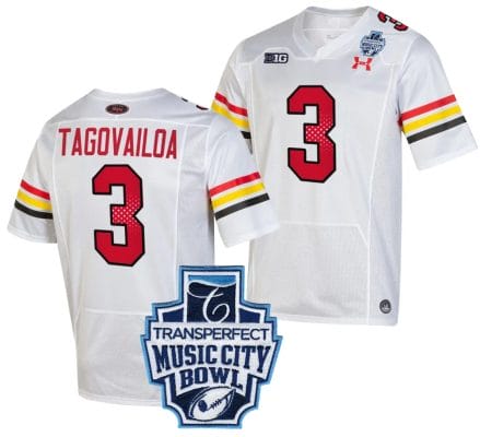 Taulia Tagovailoa Jersey #3 Maryland Terrapins 2023 Music City Bowl Patch Football White 8 Taulia Tagovailoa Jersey #3 Maryland Terrapins 2023 Music City Bowl Patch Football White