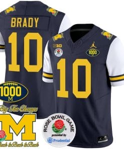 Tom Brady Jersey #10 Michigan Wolverines Vapor Stitched 1000 Wins Rose Bowl Patch White Sleeves