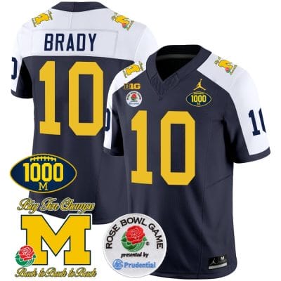 Tom Brady Jersey #10 Michigan Wolverines Vapor Stitched 1000 Wins Rose Bowl Patch Alternate