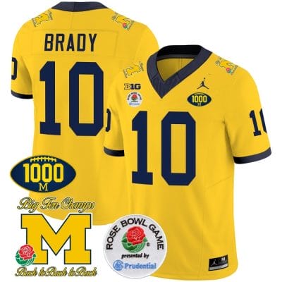 Tom Brady Jersey #10 Michigan Wolverines Vapor Stitched 1000 Wins Rose Bowl Patch Maize