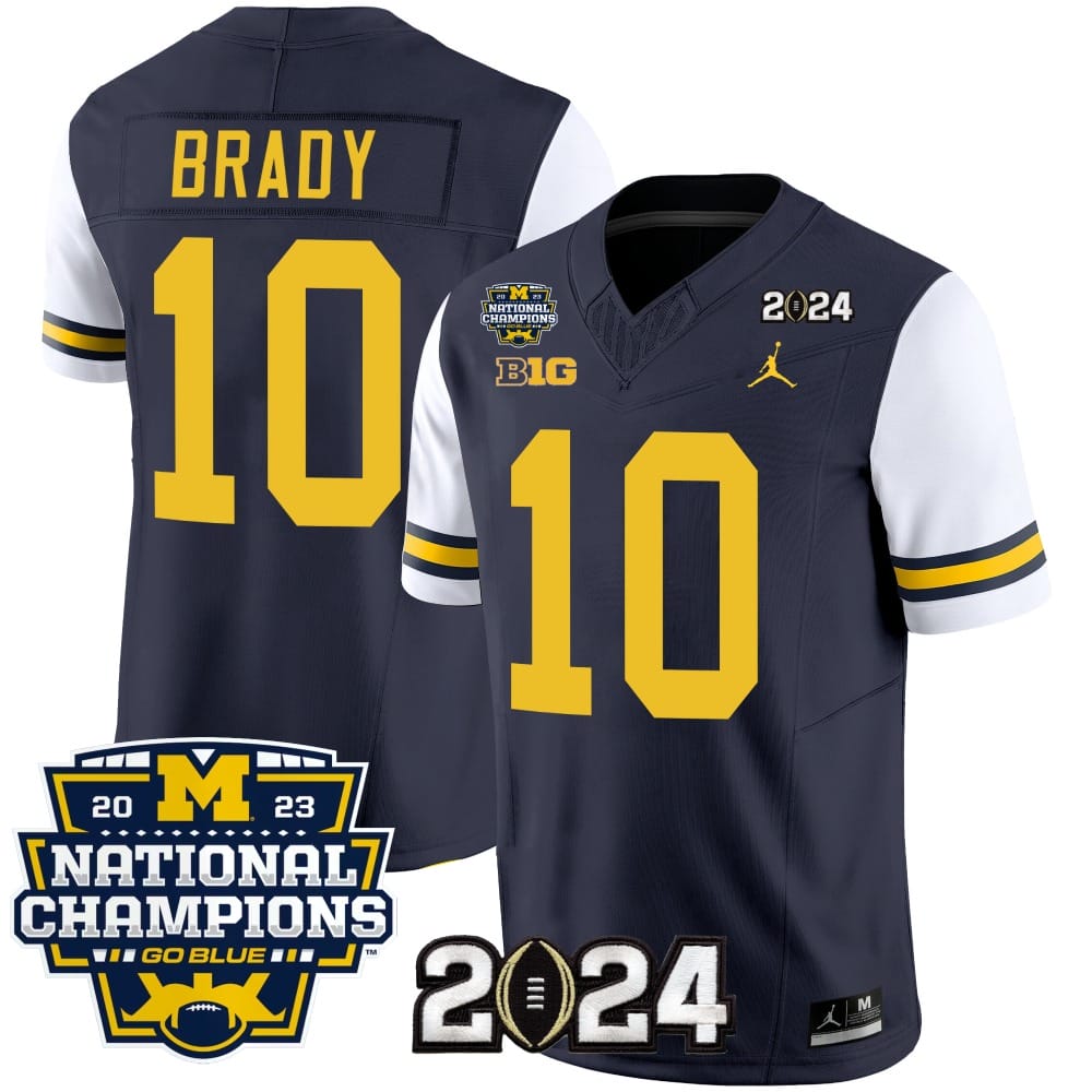 Tom Brady Jersey #10 Michigan Wolverines Vapor Limited Football 2024 National Champions Patch White Sleeves 1 Tom Brady Jersey #10 Michigan Wolverines Vapor Limited Football 2024 National Champions Patch White Sleeves