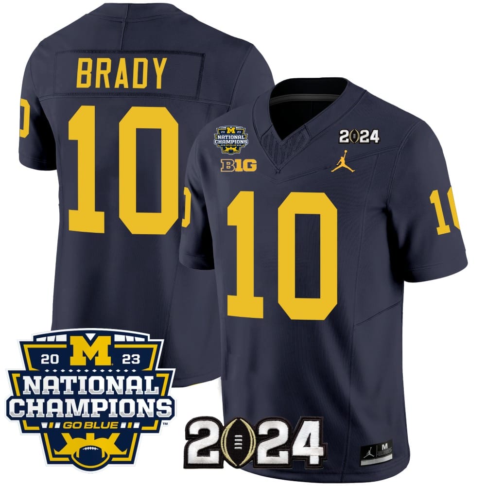 Tom Brady Jersey #10 Michigan Wolverines Vapor Limited Football 2024 National Champions Patch Navy 1 Tom Brady Jersey #10 Michigan Wolverines Vapor Limited Football 2024 National Champions Patch Navy