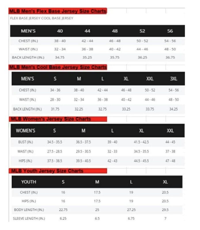 Size Chart NCAA Baseball 2024