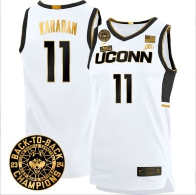 Alex Karaban Jersey #11 UConn Huskies Basketball 2024 Back To Back Champions Patch White Gold 8 Alex Karaban Jersey #11 UConn Huskies Basketball 2024 Back To Back Champions Patch White Gold