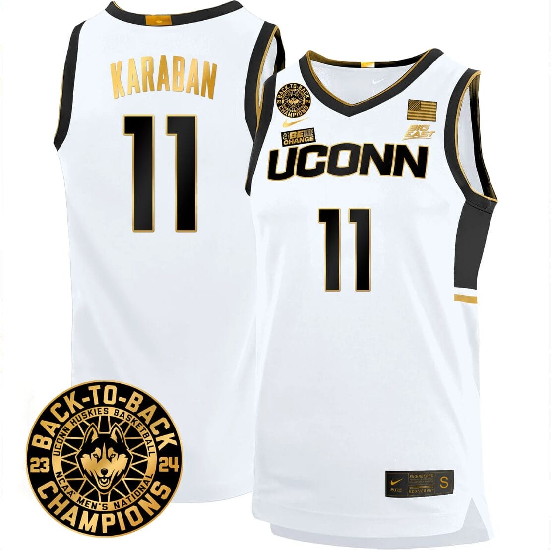 Alex Karaban Jersey #11 UConn Huskies Basketball 2024 Back To Back Champions Patch White Gold 1 Alex Karaban Jersey #11 UConn Huskies Basketball 2024 Back To Back Champions Patch White Gold
