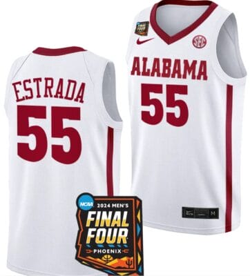 Aaron Estrada Jersey #55 Alabama Crimson Tide 2024 NCAA March Madness Final Four Basketball Crimson 6 Aaron Estrada Jersey #55 Alabama Crimson Tide 2024 NCAA March Madness Final Four Basketball White
