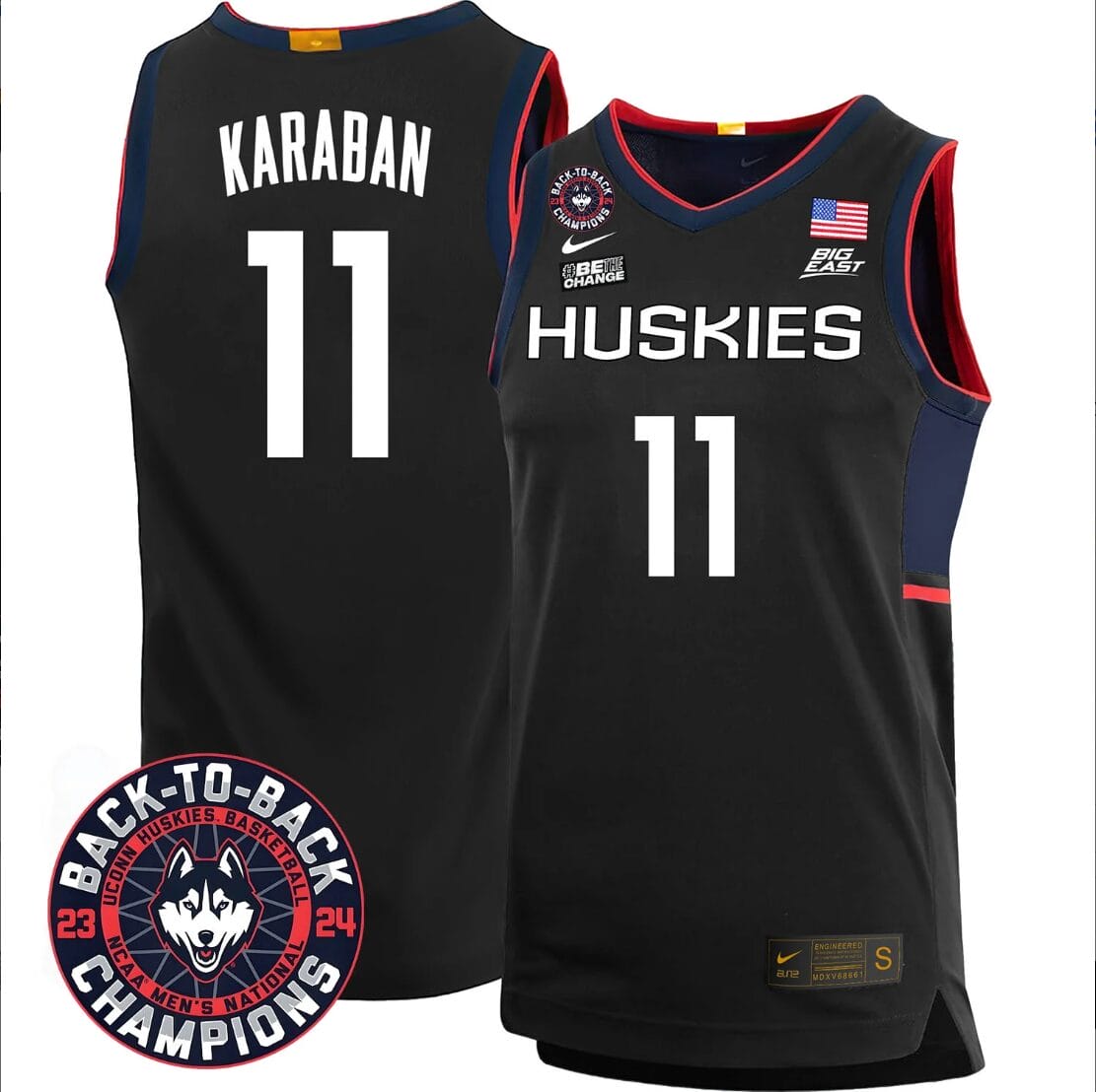 Alex Karaban Jersey #11 UConn Huskies Basketball 2024 Back To Back Champions Patch 1 Alex Karaban Jersey #11 UConn Huskies Basketball 2024 Back To Back Champions Patch