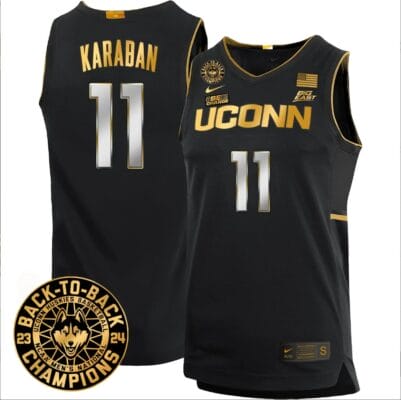 Alex Karaban Jersey #11 UConn Huskies Basketball 2024 Back To Back Champions Patch Black Gold 8 Alex Karaban Jersey #11 UConn Huskies Basketball 2024 Back To Back Champions Patch Black Gold