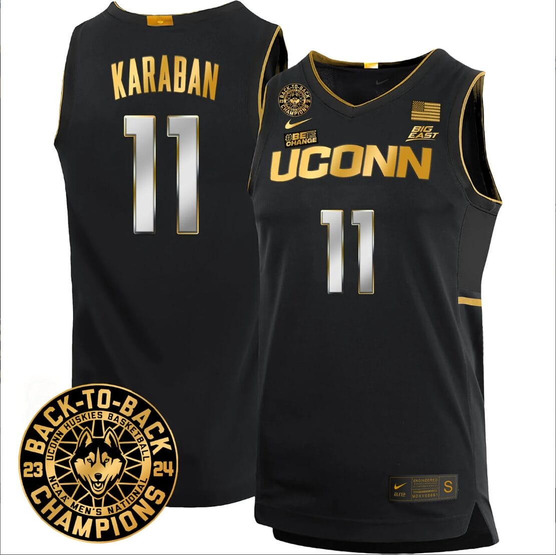 Alex Karaban Jersey #11 UConn Huskies Basketball 2024 Back To Back Champions Patch Black Gold 1 Alex Karaban Jersey #11 UConn Huskies Basketball 2024 Back To Back Champions Patch Black Gold