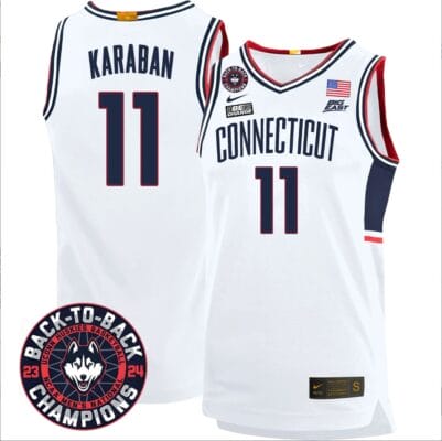 Alex Karaban Jersey #11 UConn Huskies Basketball 2024 Back To Back Champions Patch White 8 Alex Karaban Jersey #11 UConn Huskies Basketball 2024 Back To Back Champions Patch White