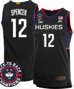 Cam Spencer Jersey #12 UConn Huskies Basketball 2024 Back To Back Champions Patch Black