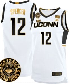 Cam Spencer Jersey #12 UConn Huskies Basketball 2024 Back To Back Champions Patch White Gold