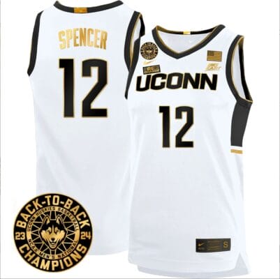 Cam Spencer Jersey #12 UConn Huskies Basketball 2024 Back To Back Champions Patch White Gold 8 Cam Spencer Jersey #12 UConn Huskies Basketball 2024 Back To Back Champions Patch White Gold