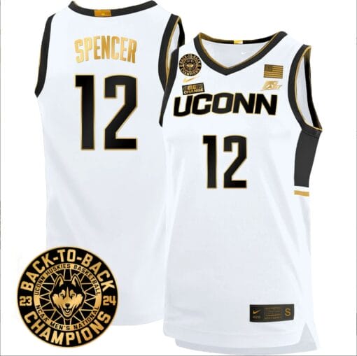 Cam Spencer Jersey #12 UConn Huskies Basketball 2024 Back To Back Champions Patch White Gold
