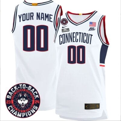 Custom UConn Huskies Basketball Jersey 2024 Back To Back Champions Patch White 8 Custom UConn Huskies Basketball Jersey 2024 Back To Back Champions Patch White