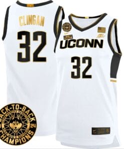 Donovan Clingan Jersey #32 UConn Huskies Basketball 2024 Back To Back Champions Patch White Gold