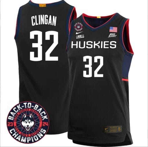 Donovan Clingan Jersey #32 UConn Huskies Basketball 2024 Back To Back Champions Patch Black