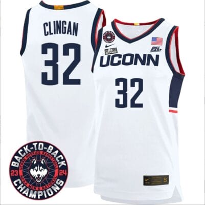 Donovan Clingan Jersey #32 UConn Huskies Basketball 2024 Back To Back Champions Patch White Home 8 Donovan Clingan Jersey #32 UConn Huskies Basketball 2024 Back To Back Champions Patch White Home