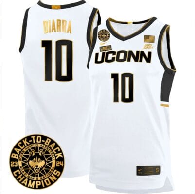 Hassan Diarra Jersey #10 UConn Huskies Basketball 2024 Back To Back Champions Patch White Gold 8 Hassan Diarra Jersey #10 UConn Huskies Basketball 2024 Back To Back Champions Patch White Gold