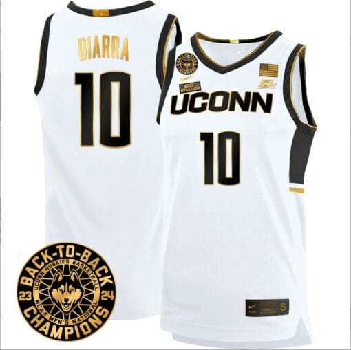 Hassan Diarra Jersey #10 UConn Huskies Basketball 2024 Back To Back Champions Patch White Gold