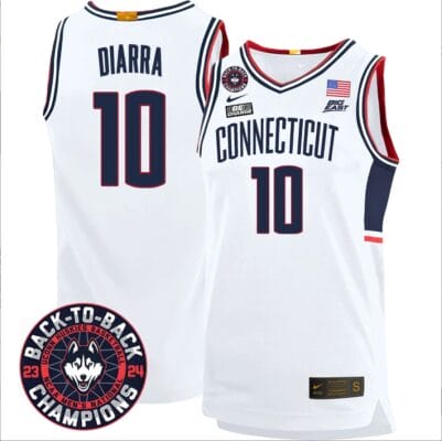 Hassan Diarra Jersey #10 UConn Huskies Basketball 2024 Back To Back Champions Patch White 8 Hassan Diarra Jersey #10 UConn Huskies Basketball 2024 Back To Back Champions Patch White