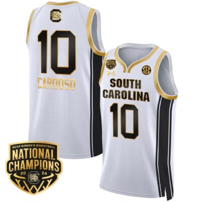 Kamilla Cardoso Jersey #10 South Carolina Gamecocks Basketball 2024 National Champions All Stitched White Gold