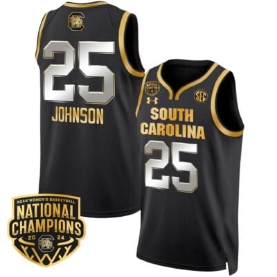 Raven Johnson Jersey #25 South Carolina Gamecocks Basketball 2024 National Champions All Stitched Black Gold