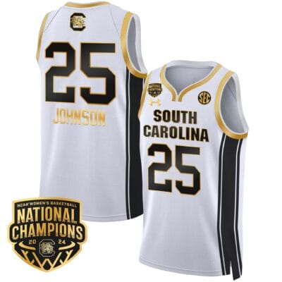 Raven Johnson Jersey #25 South Carolina Gamecocks Basketball 2024 National Champions All Stitched White Gold