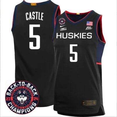 Stephon Castle Jersey #5 UConn Huskies Basketball 2024 Back To Back Champions Patch Black