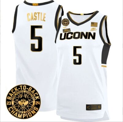 Stephon Castle Jersey #5 UConn Huskies Basketball 2024 Back To Back Champions Patch White Gold
