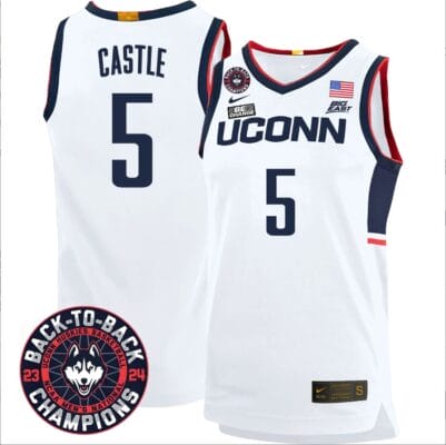 Stephon Castle Jersey #5 UConn Huskies Basketball 2024 Back To Back Champions Patch White Home