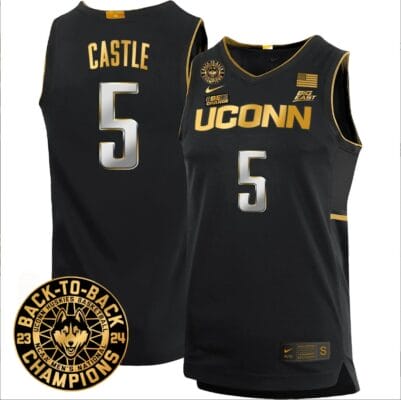 Stephon Castle Jersey #5 UConn Huskies Basketball 2024 Back To Back Champions Patch Black Gold