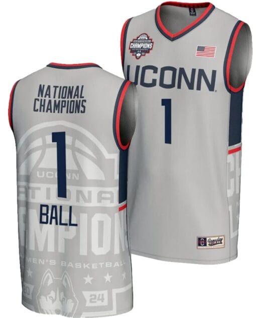 Solomon Ball Jersey #1 UConn Huskies 2024 NCAA Basketball National Champions Lightweight Gray