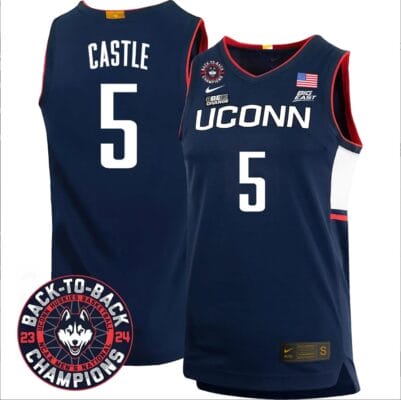 Stephon Castle Jersey #5 UConn Huskies Basketball 2024 Back To Back Champions Patch Navy