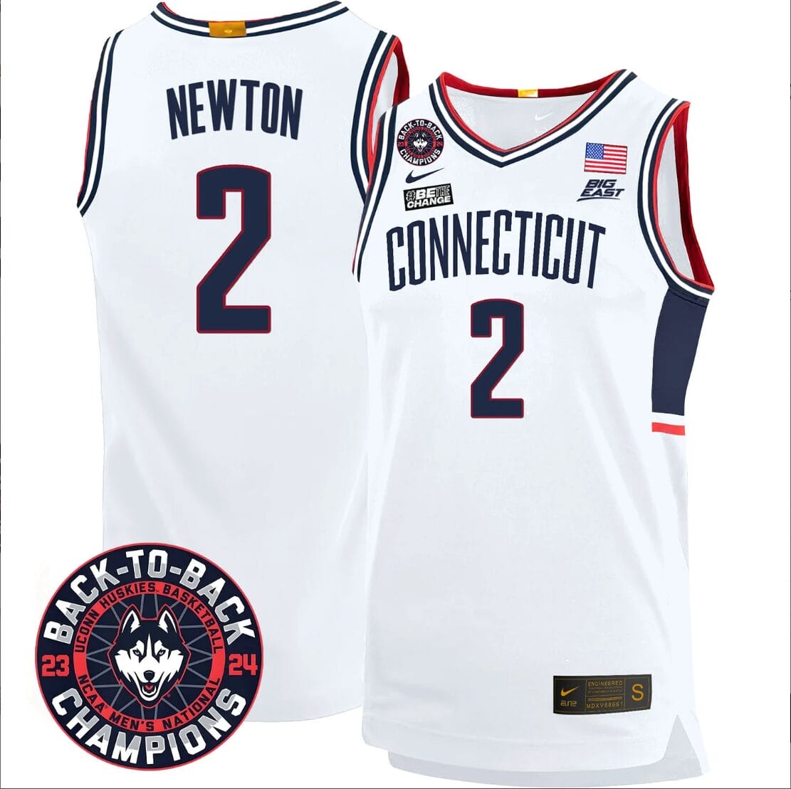 Tristen Newton Jersey #2 UConn Huskies Basketball 2024 Back To Back Champions Patch White 1 Tristen Newton Jersey #2 UConn Huskies Basketball 2024 Back To Back Champions Patch White