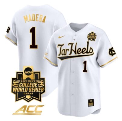 Alex Madera Jersey #1 North Carolina Tar Heels 2024 College World Series Vapor Premier Limited NCAA Baseball Stitched White Gold