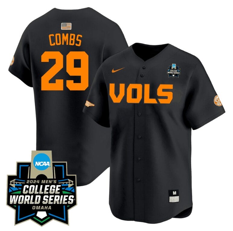 Aaron Combs Jersey #29 Tennessee Volunteers 2024 College World Series Patch Vapor Premier Limited NCAA Baseball Stitched Black 1 Aaron Combs Jersey #29 Tennessee Volunteers 2024 College World Series Patch Vapor Premier Limited NCAA Baseball Stitched Black